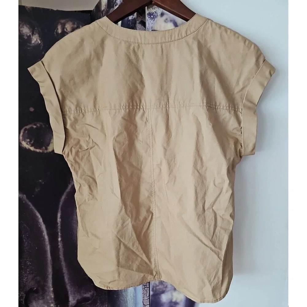 J CREW Women's Cuffed Short Cap‎ Sleeve Tan Lace Up Neck Blouse Size 4